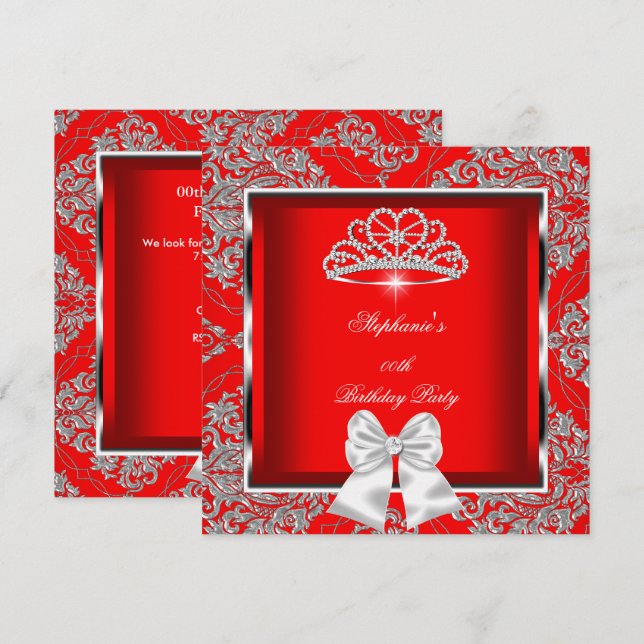 Elegant Regal Red Damask Silver Birthday Party Invitation (Front/Back)
