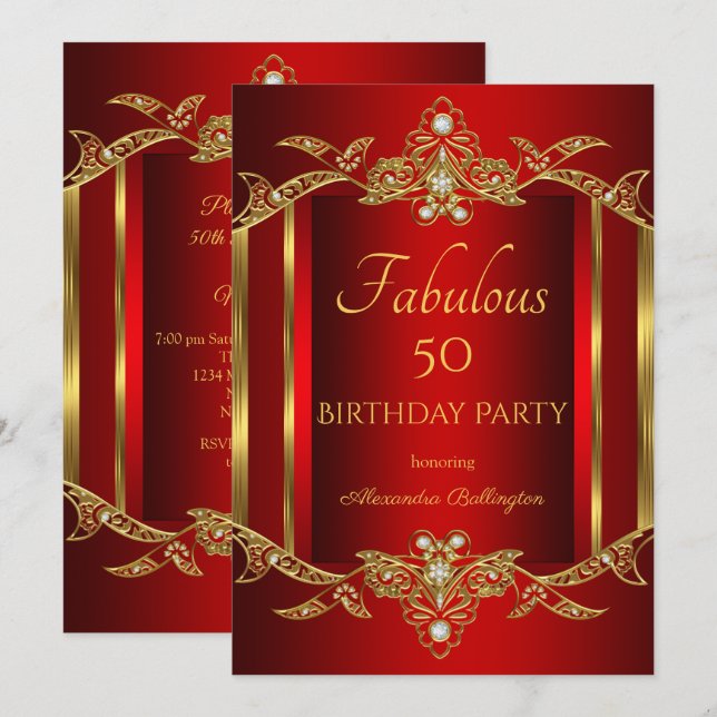 Elegant Regal Red Gold Birthday Party Invitation (Front/Back)