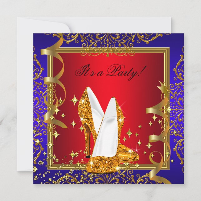 Elegant Regal Red Royal Blue Gold Shoes Party Invitation (Front)