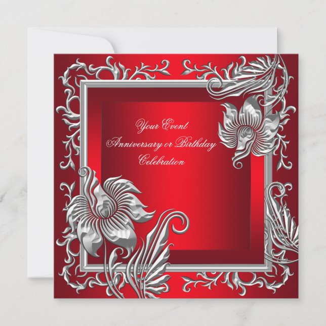 Elegant Regal red Silver Floral Party Invitation (Front)