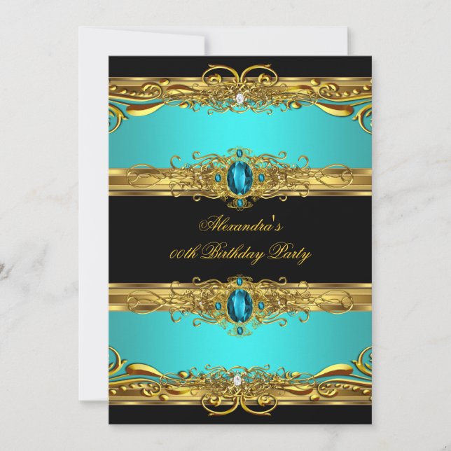Elegant Regal Teal Black Gold Birthday Party Invitation (Front)
