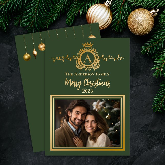Elegant Regalia Monogram | Merry Christmas Photo Foil Holiday Card (Classy, elegant and regal monogrammed gold foil Christmas holiday design with royal-look crest)