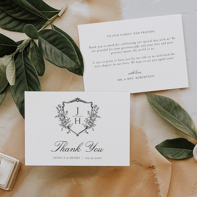 Elegant Regency Floral Crest Monogram Wedding  Thank You Card (Creator Uploaded)
