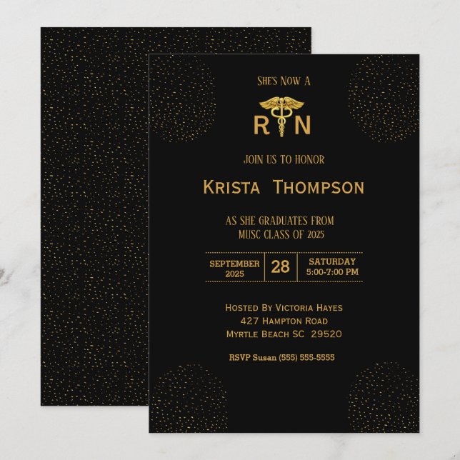 Elegant Registered Nurse Graduation Black Gold Inv Invitation (Front/Back)