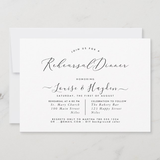 Elegant Rehearsal Dinner,  Black White Luxe Script Invitation (Front)
