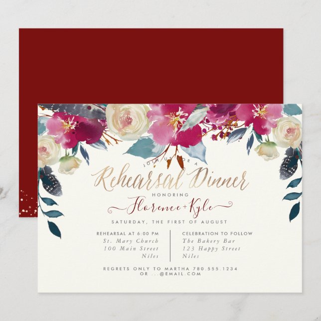 Elegant Rehearsal Dinner Blush Burgundy Boho Invitation (Front/Back)