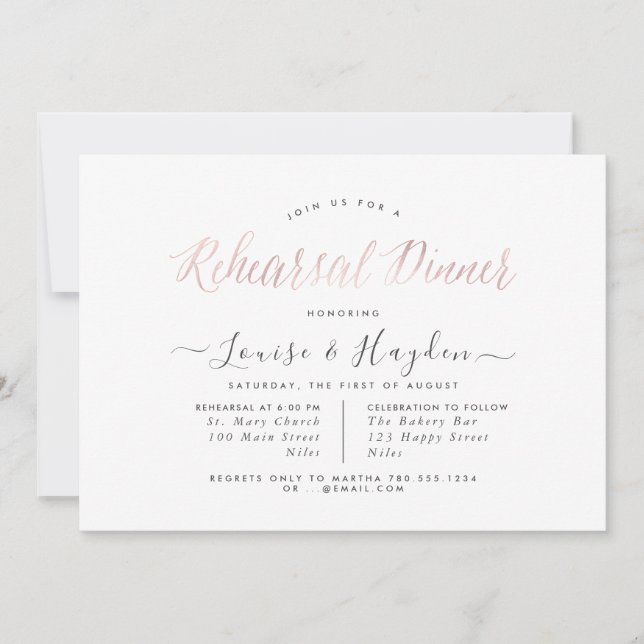 Elegant Rehearsal Dinner, Blush Modern Script Announcement (Front)
