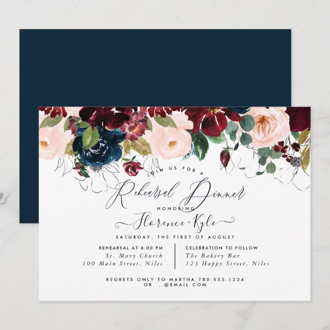Elegant Rehearsal Dinner Burgundy+Navy Invitation (Front/Back)