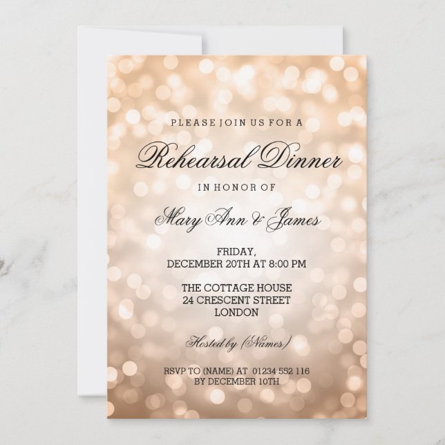 Elegant Rehearsal Dinner Copper Glitter Lights Invitation (Front)