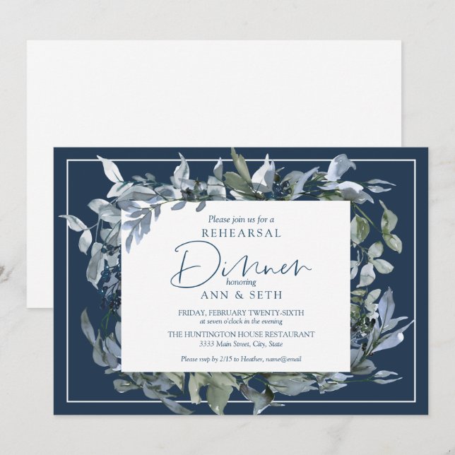Elegant Rehearsal Dinner Dark Blue Floral Wreath Invitation (Front/Back)