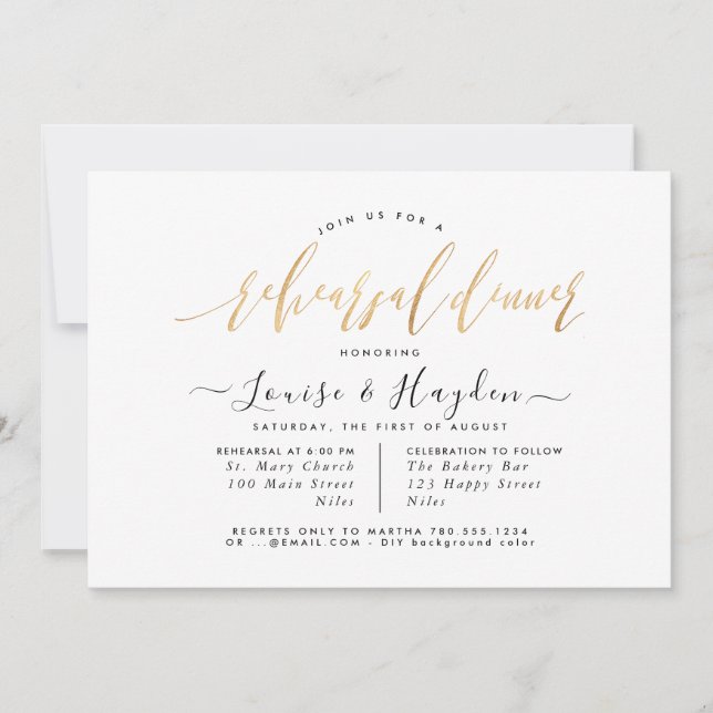 Elegant Rehearsal Dinner, Faux Gold Modern Script Announcement (Front)