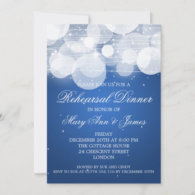 Elegant Rehearsal Dinner Glow & Sparkle Blue Invitation (Front)