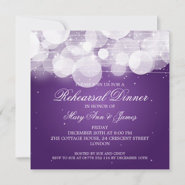 Elegant Rehearsal Dinner Glow & Sparkle Purple Invitation (Front)