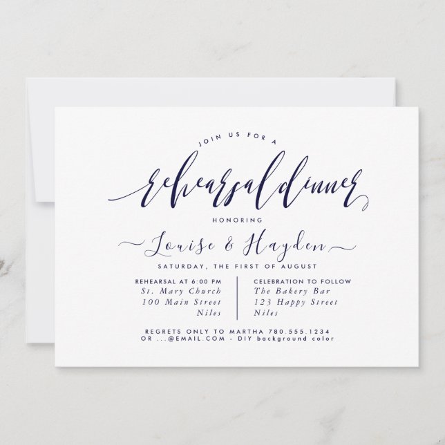 Elegant Rehearsal Dinner,  Navy Blue Script Announcement (Front)