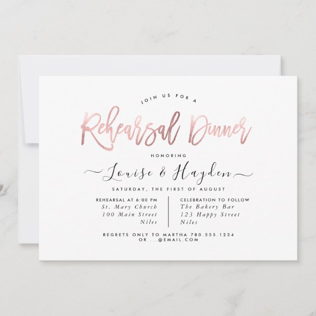 Elegant Rehearsal Dinner, Rose Gold Modern Script Announcement (Front)