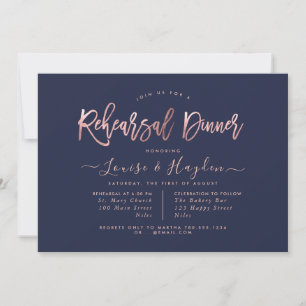 Elegant Rehearsal Dinner, Rose Gold+Navy Blue Announcement