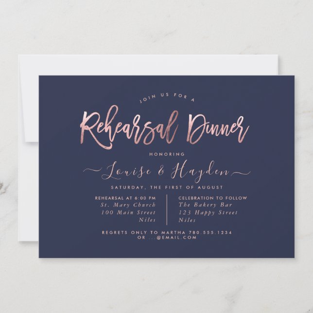 Elegant Rehearsal Dinner, Rose Gold+Navy Blue Announcement (Front)