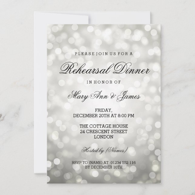 Elegant Rehearsal Dinner Silver Glitter Lights Invitation (Front)