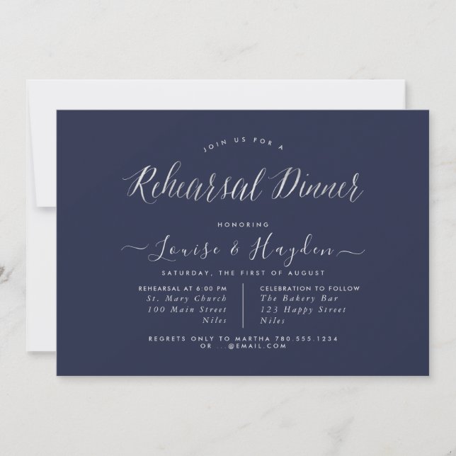 Elegant Rehearsal Dinner, Silver Modern Script Announcement (Front)
