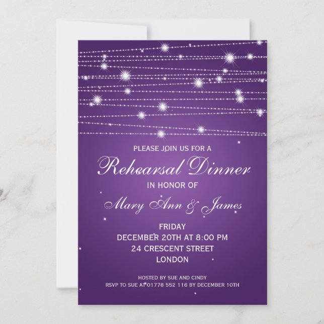 Elegant Rehearsal Dinner Sparkling Lines Purple Invitation (Front)