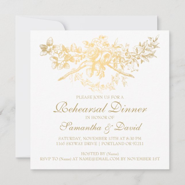 Elegant Rehearsal Dinner Vintage Floral Gold Invitation (Front)