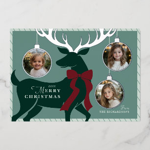 Elegant Reindeer 3 Photos Silver Foil Holiday Card