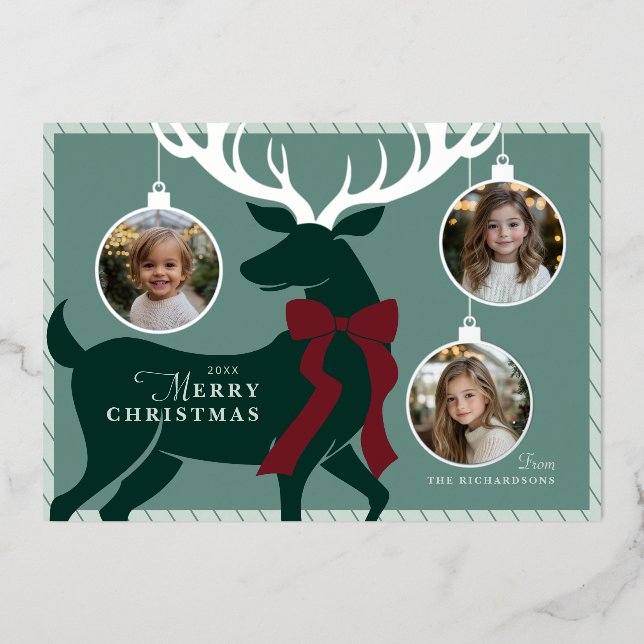 Elegant Reindeer 3 Photos Silver Foil Holiday Card (Front)