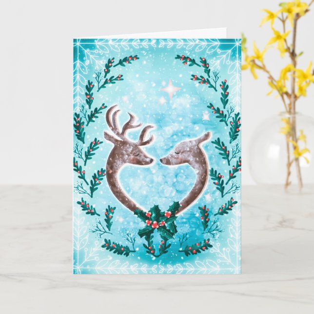 Elegant Reindeer and Christmas Holly Holiday Card (Yellow Flower)