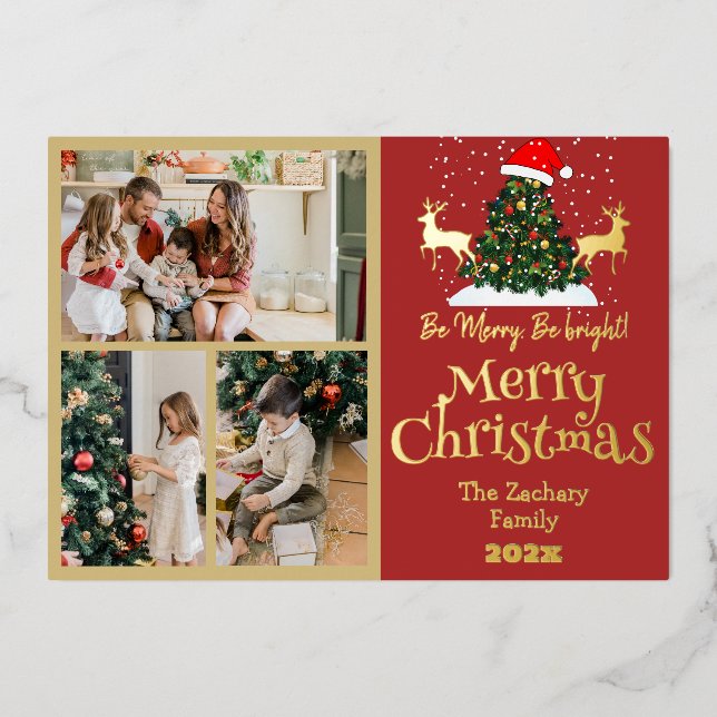 Elegant Reindeer Christmas Family Photo Collage Foil Holiday Card (Front)