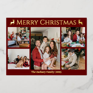Elegant Reindeer Christmas Family Photo Collage Foil Holiday Card