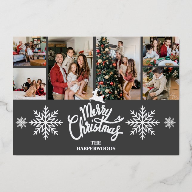 Elegant Reindeer Christmas Family Photo Collage Foil Holiday Card (Front)