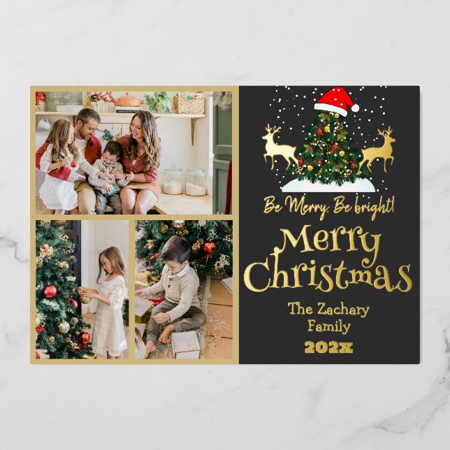 Elegant Reindeer Christmas Family Photo Collage Foil Holiday Card (Front)