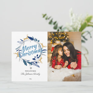 Elegant Reindeer Floral Christmas Wreath Photo Hol Holiday Card