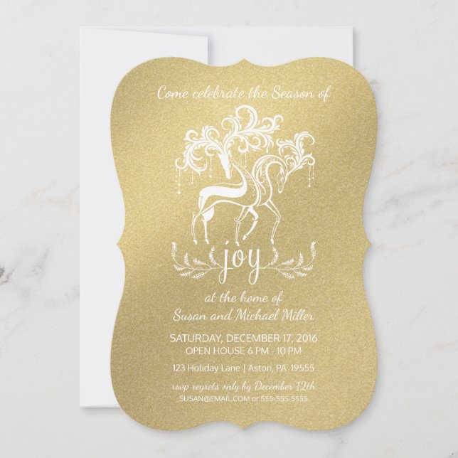 Elegant Reindeer Joy Holiday Party Faux-Gold Invitation (Front)