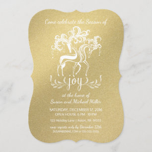 Elegant Reindeer Joy Holiday Party Faux-Gold Invitation
