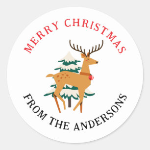 Elegant Reindeer & Santa Christmas Family Name Classic Round Sticker