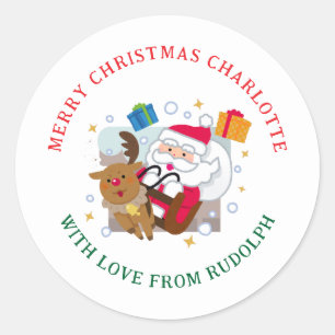 Elegant Reindeer & Santa Christmas Family Name Classic Round Sticker
