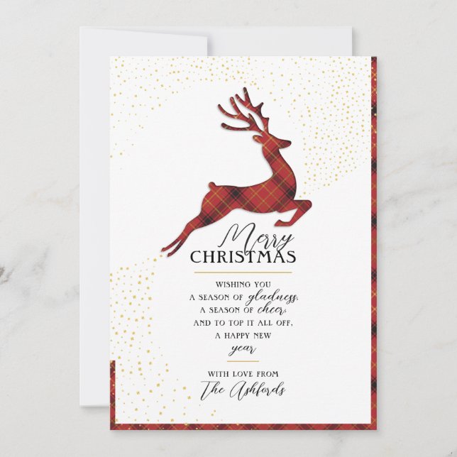 Elegant Reindeer Silhouette | Red & Gold Plaid Holiday Card (Front)