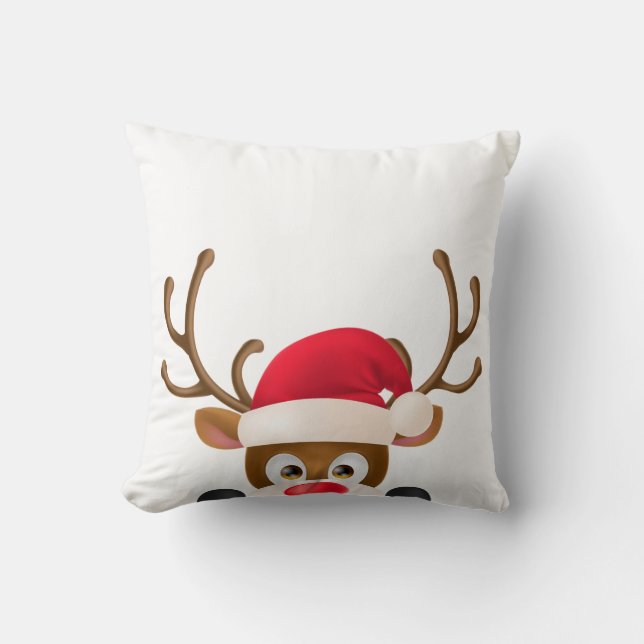 Elegant Reindeer with Santa Hat | Throw Pillow (Front)