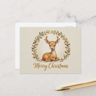 Elegant Reindeer Wreath Christmas Minimal Gold Postcard