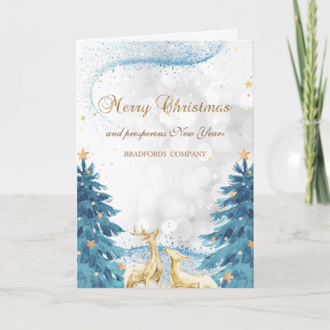 Elegant Reindeers,Blue Christmas Trees Bokeh Holiday Card (Front)