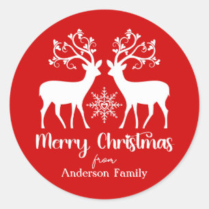 Elegant Reindeers Merry Christmas Family Name Red Classic Round Sticker