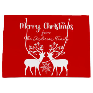Elegant Reindeers Merry Christmas Red Large Gift Bag