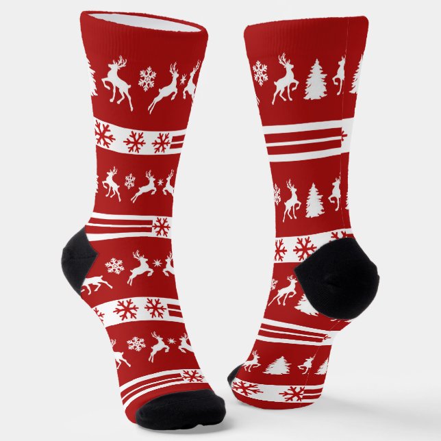 Elegant Reindeers Snowflakes Lines Socks (Angled)