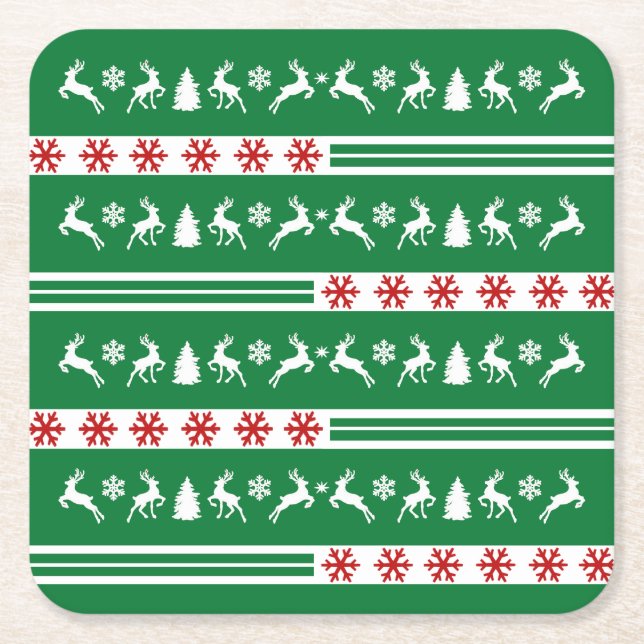 Elegant Reindeers Snowflakes Lines Square Paper Coaster (Front)