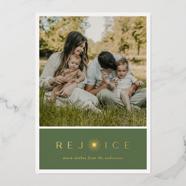 Elegant “Rejoice” Gold Foil Christmas Photo Card (Front)