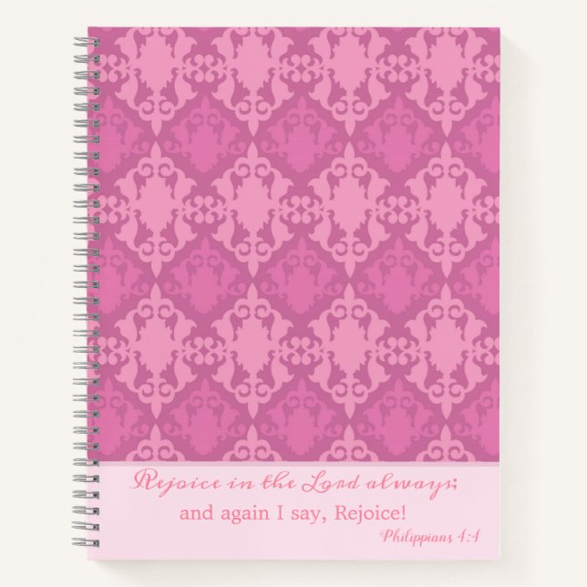 Elegant Rejoice in the Lord Pink Damask Notebook (Front)