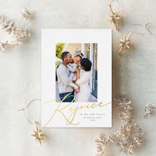 Elegant Rejoice Religious Christmas Photo Gold Foil Holiday Card