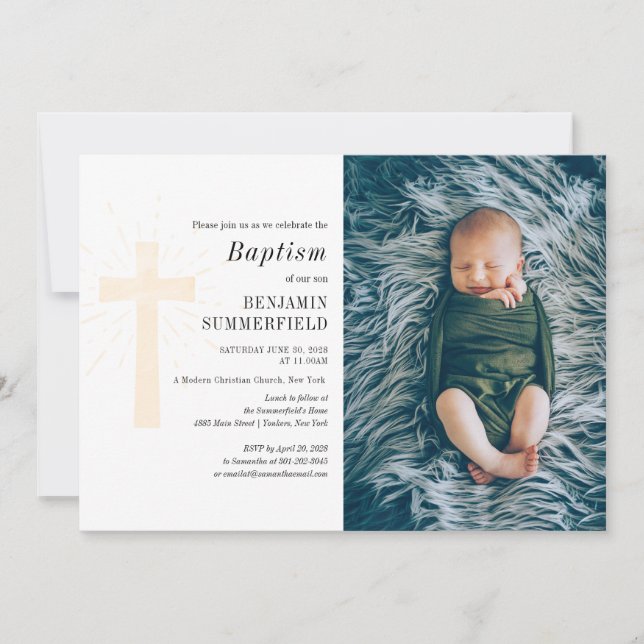Elegant Religious Baby Photo Baptism Invitation (Front)