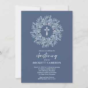 Elegant Religious Blue Cross Boy Christening Invitation